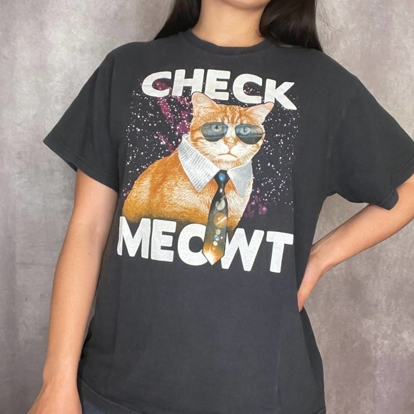 Check Meowt Cat Tee Shirt 80s Retro Outer Space Stars Galaxy Black Womens Large - Picture 12 of 12